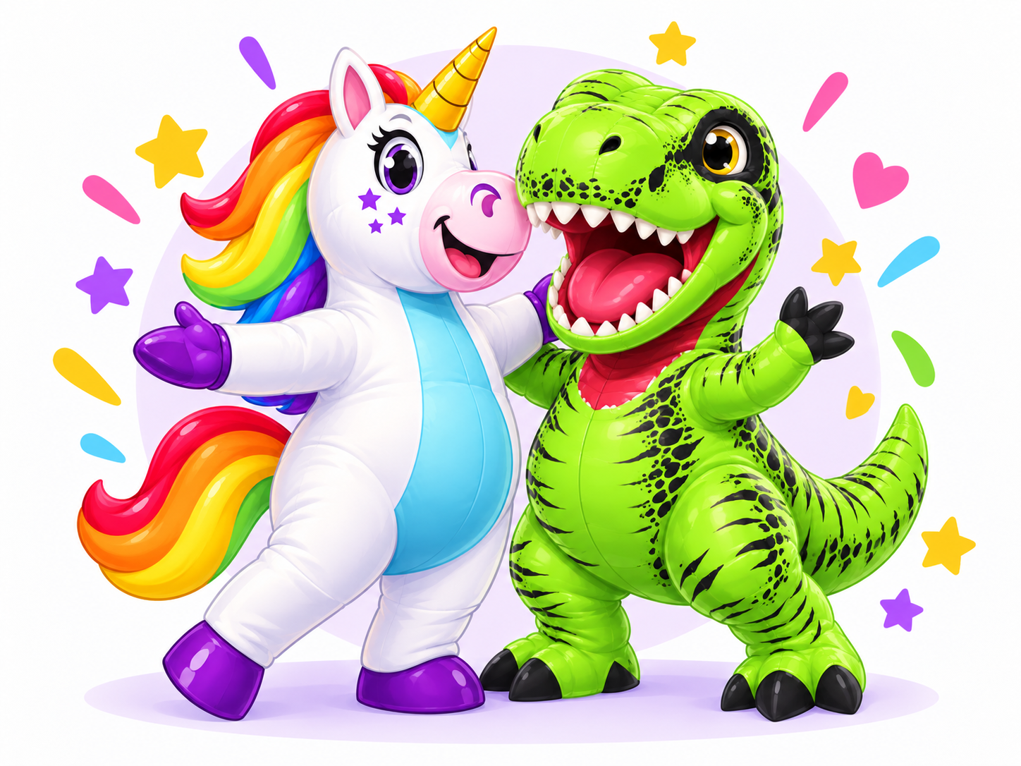 El unicornio y el dinosaurio de Jugarte celebrando juntos